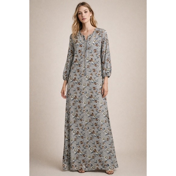 NATURAL LIFE Dresses & Skirts - Natural Life Maxi Dress Floral Print Beige Brown Yellow Long Sleeve XL